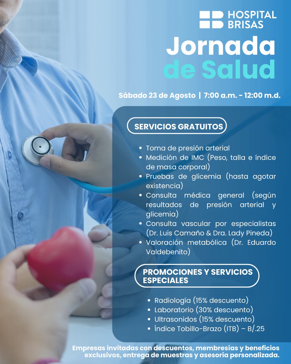 HospitalBrisas's tweet photo. Este sábado 23 de agosto te esperamos en nuestra Jornada de Salud de 7:00 a.m. a 12:00 m.d.
Aprovecha nuestros servicios gratuitos, promociones especiales y la atención de especialistas para cuidar de ti y tu familia.

#Panama #SaludPanama #HospitalBrisas #JornadaDeSalud https://t.co/mDwVI4drbu