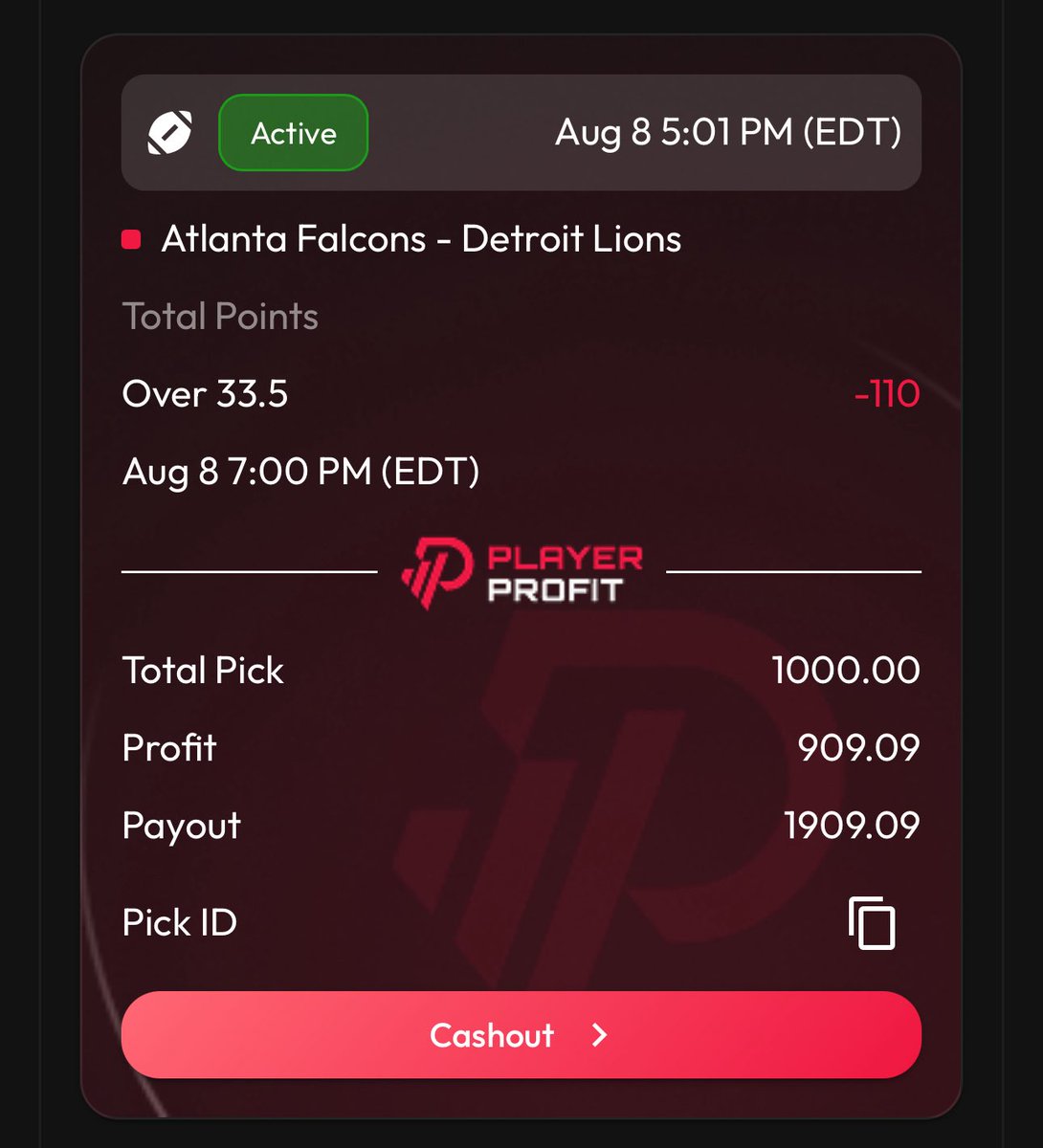 $1000 2U NFL FREEPLAY 🏈

FALCONS VS LIONS OVER 33.5 -110

DROP A ❤️ IF UR TAILING!!! 🔥🔥🔥

PlayerProfit promo code = PARDON 10% OFF