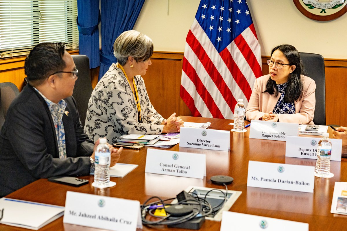 Assistant Secretary for American Affairs Raquel Solano of the Philippine Department of Foreign Affairs visited the Daniel K. Inouye Asia-Pacific Center for Security Studies today. She was accompanied by Consul General Arman R. Talbo, Consul Pamela Durian-Bailon, and First