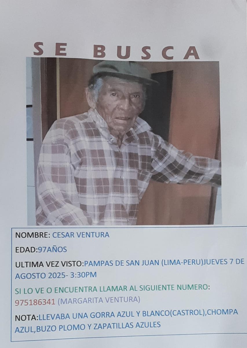 FAVOR:
Se ha perdido este caballero de avanzada edad ayer en #Lima en Pampas de San Juan.
Ruego RT para ver si lo podemos encontrar.