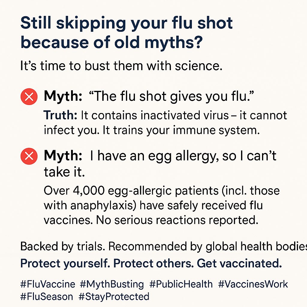 drgyanclass's tweet photo. 💉 Still skipping your flu shot because of old myths?
It’s time to bust them with science. 👇

🚫 Myth: “The flu shot gives you the flu.”
✅ Truth: It contains inactivated virus — it cannot infect you. It trains your immune system.

🚫 Myth: “I have an egg allergy, so I can’t take it.”
✅ Truth: Over 4,000 egg-allergic patients (incl. those with anaphylaxis) have safely received flu vaccines. No serious reactions reported.

📚 Backed by trials. Recommended by global health bodies.
🛡️ The flu shot saves lives — especially in the elderly, chronically ill, and immunocompromised.

Protect yourself. Protect others. Get vaccinated.
#FluVaccine #MythBusting #PublicHealth #VaccinesWork #FluSeason #StayProtected