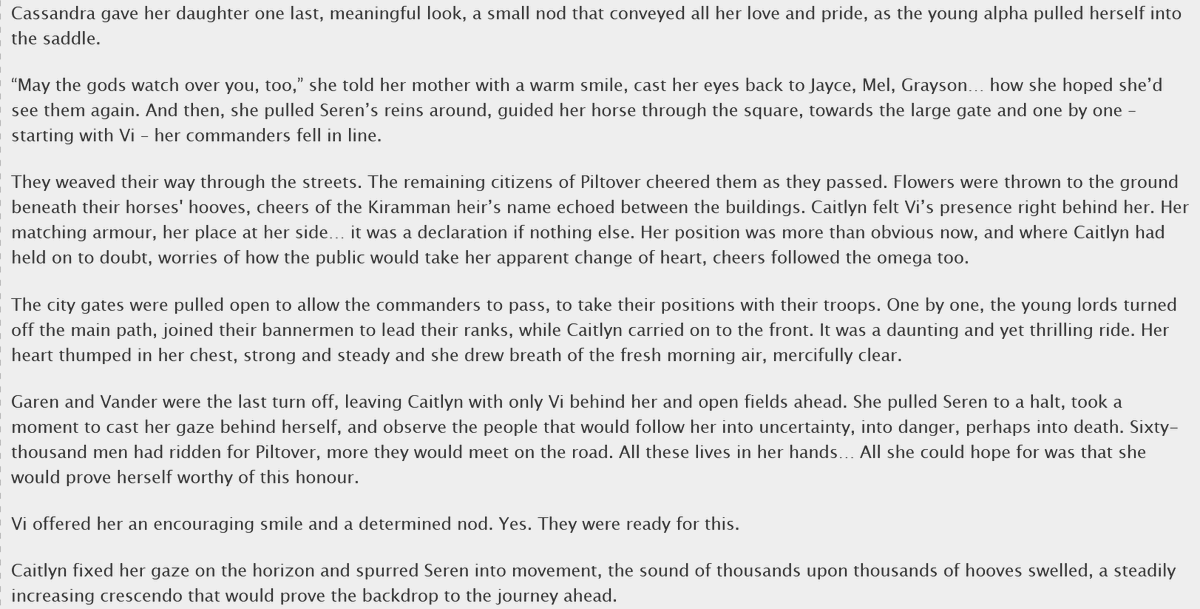Drafting tomorrow's update and I think the thing I improved on most with this fic is writing scale! Cait's got herself an army and she ain't afraid to use it! 😤