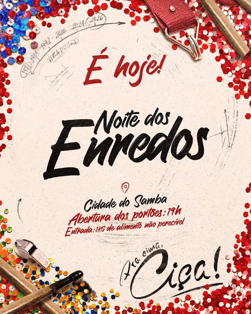 Nesta sexta, 8, a partir das 19h, tem Noite dos Enredos na Cidade do Samba! As 12 escolas do Grupo Especial vão se apresentar, dando aquele gostinho do que vem aí no Carnaval 2026!

📍Rua Rivadávia Corrêa, 60 – Gamboa
🎟️ 1kg de alimento não perecível

Contamos com vocês! 💀🥁🌪️🇦🇹