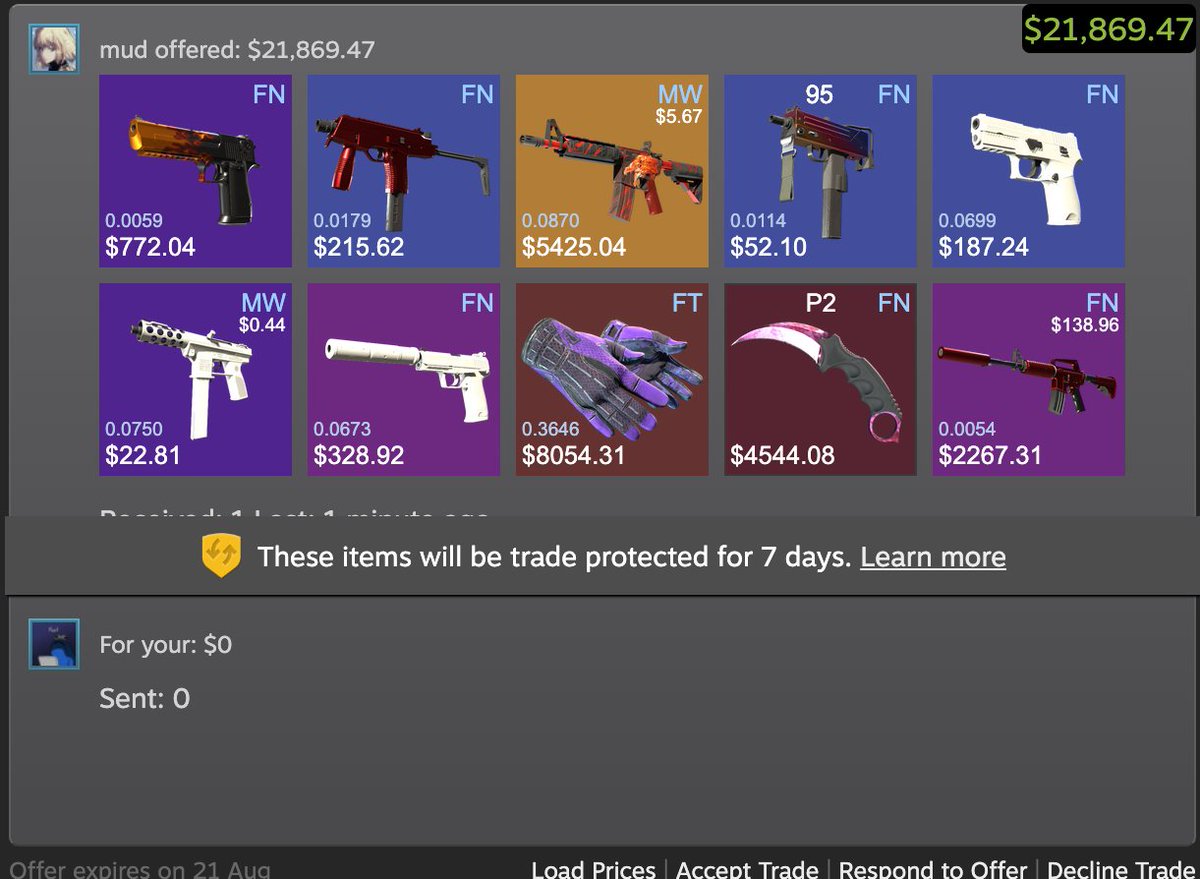 Cashed out another $22,000 USD inventory.

Always buying/selling/sourcing skins!💸

Just drop me a DM!📩