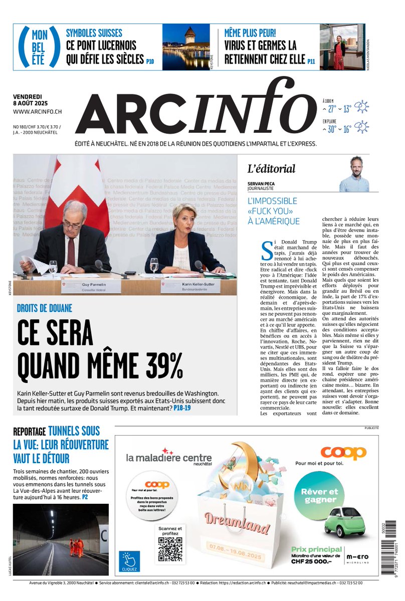 W. Joseph Campbell (@wjosephcampbell) on Twitter photo Profanity on the cover: "L'Impossible 'fuck you' à l'Amérique" reads the headline over a page-one editorial in today's <a href="/arcinfo/">ArcInfo.ch</a> ("Arc Info"), a French-language newspaper in Neuchatel, #Switzerland.
The editorial was a response to #Trump's imposing a 39 percent #tariff on most Profanity on the cover: "L'Impossible 'fuck you' à l'Amérique" reads the headline over a page-one editorial in today's <a href="/arcinfo/">ArcInfo.ch</a> ("Arc Info"), a French-language newspaper in Neuchatel, #Switzerland.
The editorial was a response to #Trump's imposing a 39 percent #tariff on most