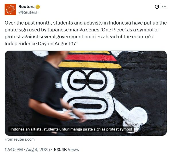 Media-media asing seperti BBC, AFP dan Reuters ikut memberitakan fenomena maraknya bendera One Piece sebagai simbol protes di Indonesia