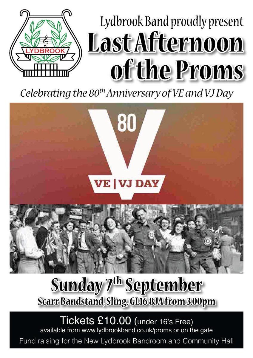 Come and join us in celebrating the 80th anniversary of VE and VJ Day! Lydbrook Band will be joined by Chrystal Bliss who will entertain with some war time songs and Ed O’Driscoll who will lead you all with Proms favourites. 

Tickets available from: lydbrookband.co.uk/eventitem.aspx…