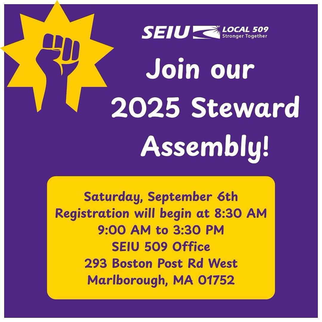📝 SEIU 509 stewards: registration is now open for our 2025 Steward Assembly! Join us for exciting workshops and discussions on how we’re building union power across our sectors. RSVP today: act.seiu.org/a/2025-assembly