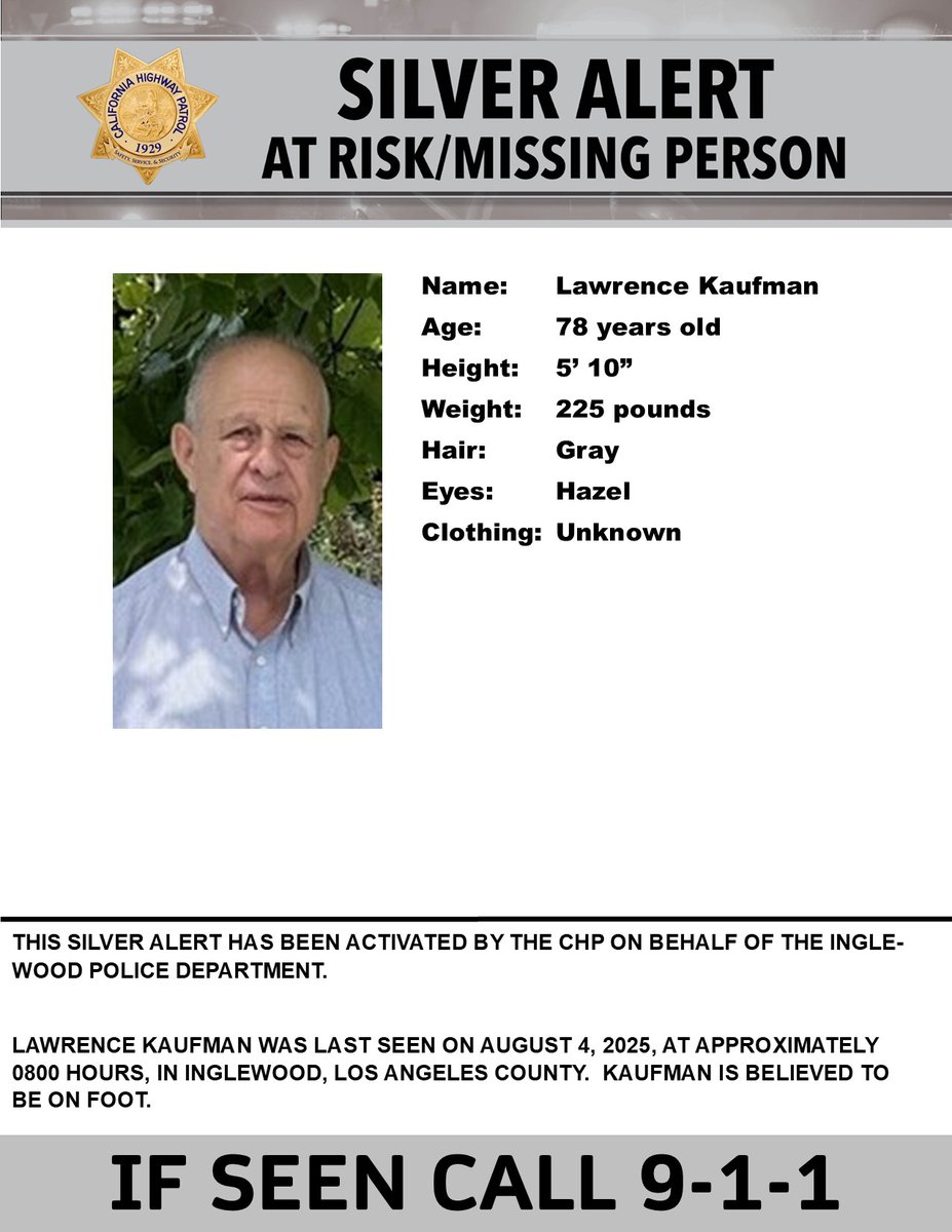 CHP - Alerts (@chpalerts) on Twitter photo Silver Alert - Los Angeles County
Last seen: Hindry Ave., and W. Arbor Vitae St., Inglewood
<a href="/Inglewood_PD/">Inglewood Police</a> Silver Alert - Los Angeles County
Last seen: Hindry Ave., and W. Arbor Vitae St., Inglewood
<a href="/Inglewood_PD/">Inglewood Police</a>