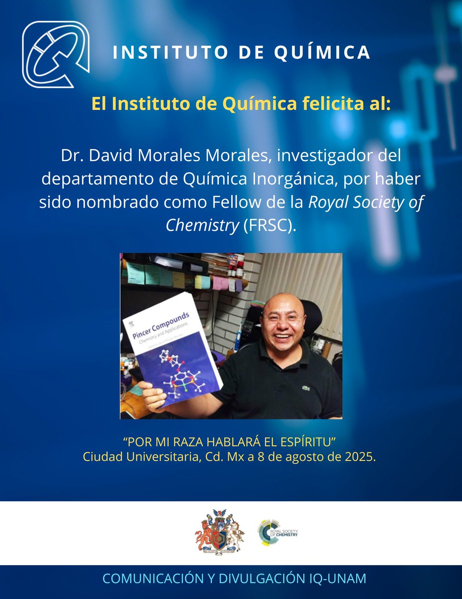 Instituto de Química (@iquimicaunam) on Twitter photo En el #IQUNAM celebramos con orgullo el nombramiento del Dr. David Morales <a href="/dmorales_group/">David Morales-Morales</a>, como Fellow de la Royal Society of Chemistry <a href="/RoySocChem/">Royal Society of Chemistry</a> En el #IQUNAM celebramos con orgullo el nombramiento del Dr. David Morales <a href="/dmorales_group/">David Morales-Morales</a>, como Fellow de la Royal Society of Chemistry <a href="/RoySocChem/">Royal Society of Chemistry</a>