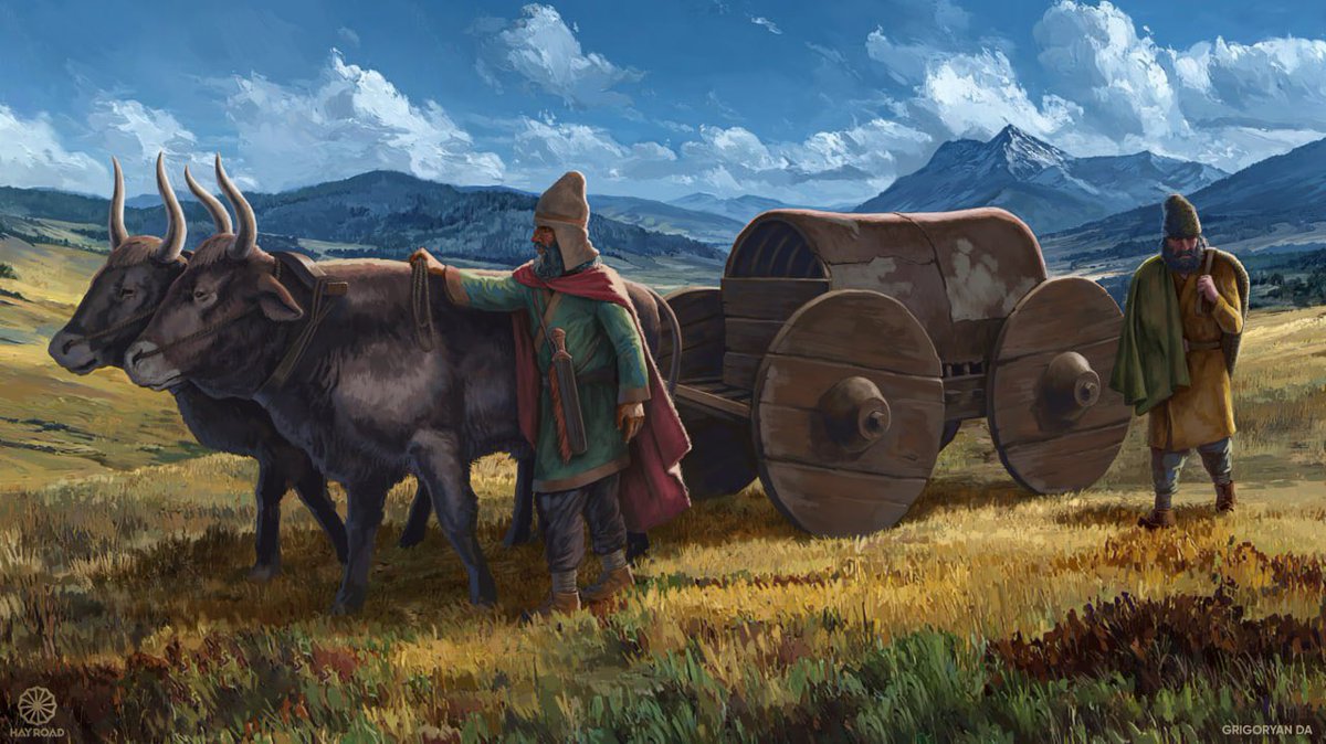 The Late Bronze Age Lchashen cart has been reconstructed with oxen. 🐂