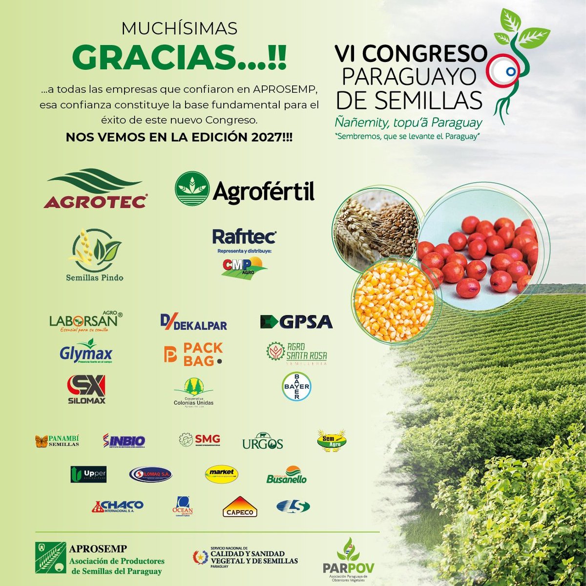aprosemp_py's tweet image. Con total éxito, hemos concluido dos intensos días de conocimiento, encuentro, dinámica sobre semillas, en el VI Congreso Paraguayo de Semillas #semillascertificadas #Propiedadintelectual #agrobiotecnología #calidaddesemillas