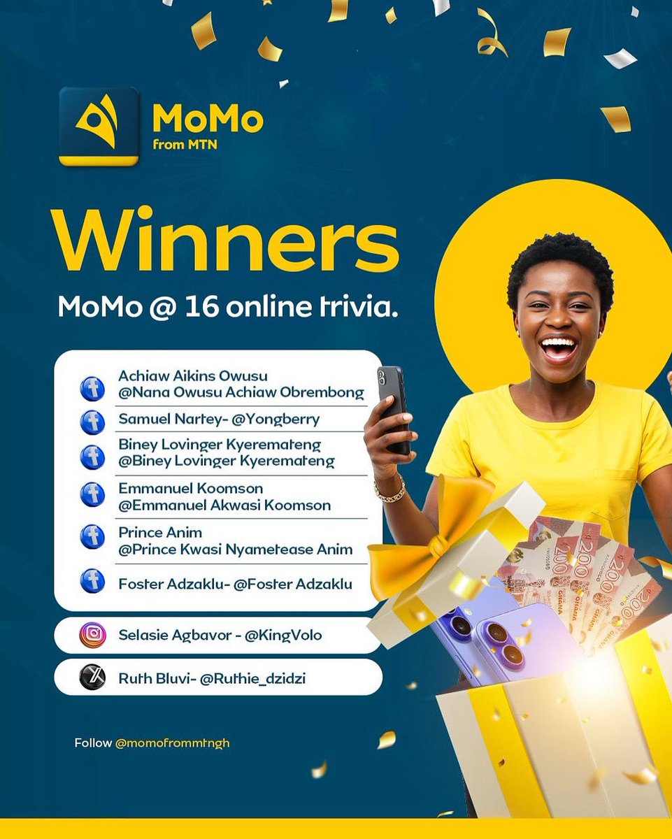 MoMoFromMTNGh's tweet photo. Congratulations to our challenge winners. 
Thank you to everyone who participated. 

Stay tuned for more fun coming your way.

#TriviaWinners #CongratsChampions #MoMoAt16 https://t.co/7f3h7lxvPe