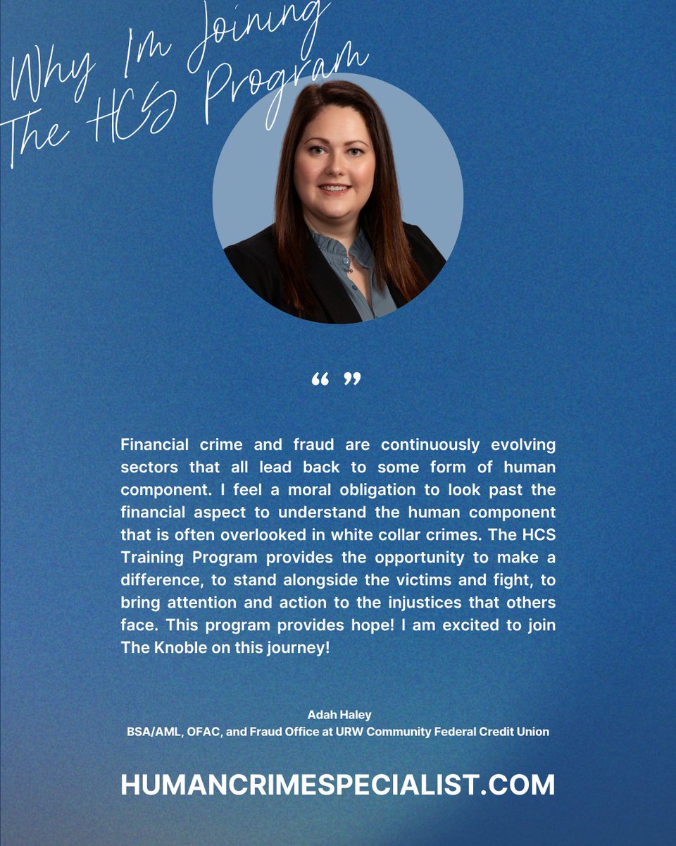TheKnoble's tweet photo. Adah will be joining our first cohort this fall. She is taking part in the HCS Program because she knows financial crime is never just about money.

The HCS Program is a pilot launching this September for professionals who want their work to mean more.

🔗https://t.co/1joMkRESMb https://t.co/VJxfUhBWya