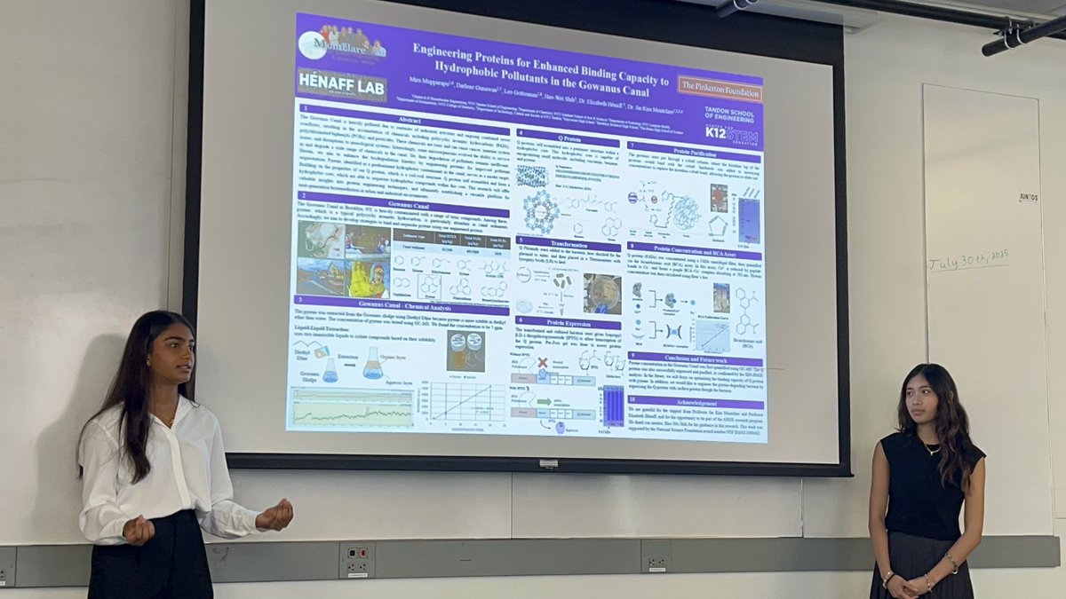 jkmontclare's tweet image. Job well done to @MontclareLabs &amp;amp; @ehenaff Lab #ARISE program #highschoolstudents  Mira Mupparapu &amp;amp; Darlene Gunawan for presenting their summer research on decontaminating pyrene from the Gowanus canal using engineered proteins! Special thanks to mentor @haowei_shih ! #K12stem