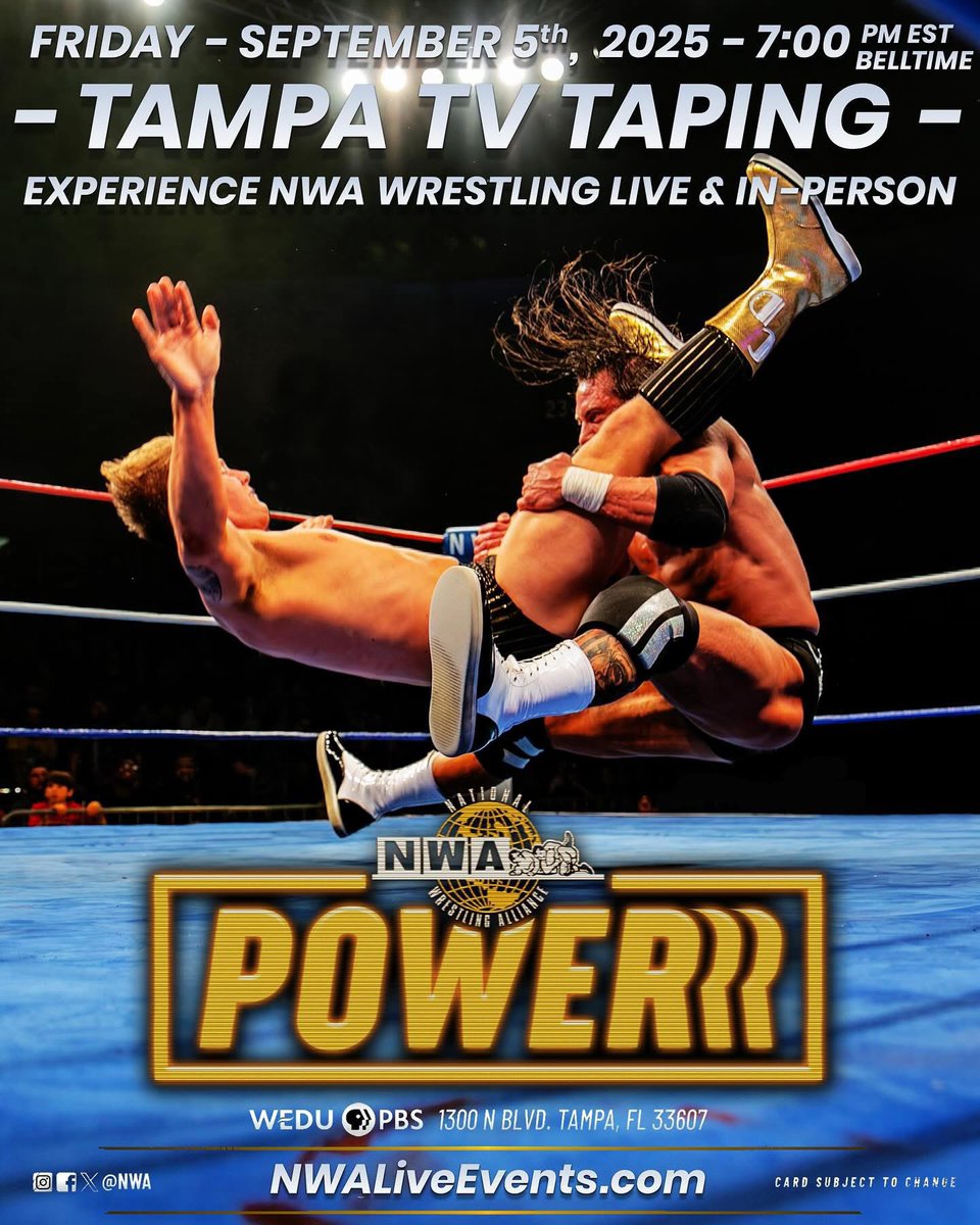 Just 4 weeks away until the <a href="/nwa/">NWA</a> returns to the <a href="/wedupbs/">WEDU PBS</a> Studios in Tampa, Florida for an explosive night of #NWAPowerrr! Get your tickets, NOW!
.
🎟️ NWALiveEvents.com