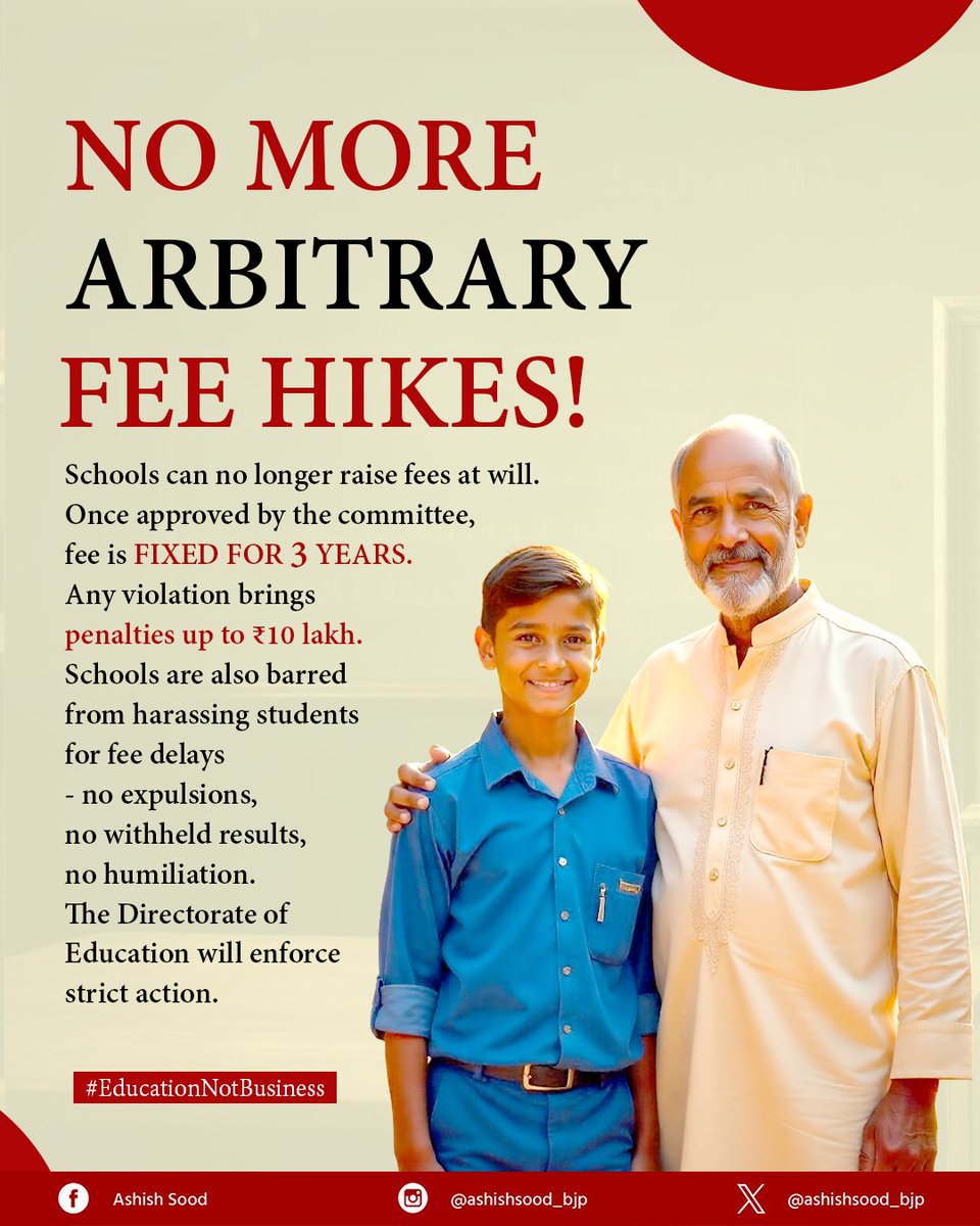 DIRECTORATE OF EDUCATION Delhi (@dir_education) on Twitter photo Historic Step in Delhi’s Education System!
✓ No arbitrary fee hikes
✓ ₹10 Lacs penalty for violations
✓ Fee fixed for 3 years
✓ No student harassment over fee delays
✓ Strong 3-tier redressal system
#EducationNotBusiness
👏🏻🙏🏻 <a href="/narendramodi/">Narendra Modi</a> <a href="/gupta_rekha/">Rekha Gupta</a> <a href="/ashishsood_bjp/">Ashish Sood</a> Historic Step in Delhi’s Education System!
✓ No arbitrary fee hikes
✓ ₹10 Lacs penalty for violations
✓ Fee fixed for 3 years
✓ No student harassment over fee delays
✓ Strong 3-tier redressal system
#EducationNotBusiness
👏🏻🙏🏻 <a href="/narendramodi/">Narendra Modi</a> <a href="/gupta_rekha/">Rekha Gupta</a> <a href="/ashishsood_bjp/">Ashish Sood</a>