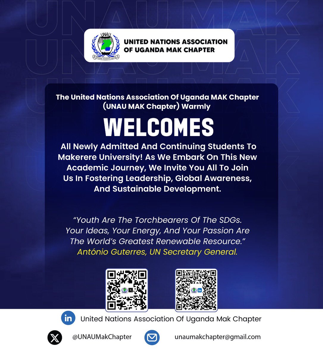 New academic year, new changemakers! UNAU MAK Chapter invites you all to lead, learn, and act for a sustainable future. As the UN Secretary General said: Your energy is the world’s greatest resource.
#YouthForSDGs  #UNAUMakChapter #UNAU