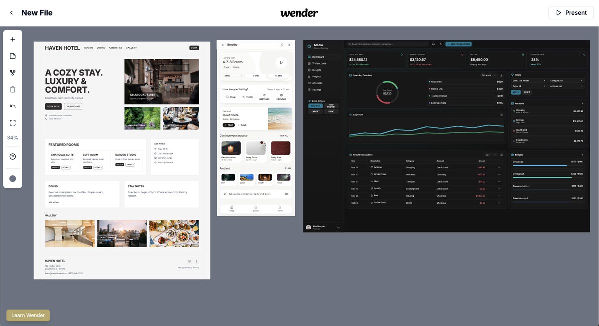 You can now design with GPT-5 in Wender! It's not the fastest model but if you're willing to wait, it creates some beautiful designs and has perhaps the highest token output per screen of any of our available models. Here are some samples (all one shot):