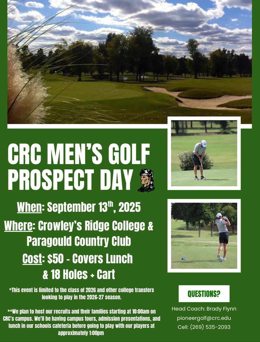 Class of 2026: Come see what we’re building here at <a href="/CRCPioneers/">Crowley's Ridge College</a> 

Scholarship money available!

Interested prospects must contact Coach Flynn to secure their spot.