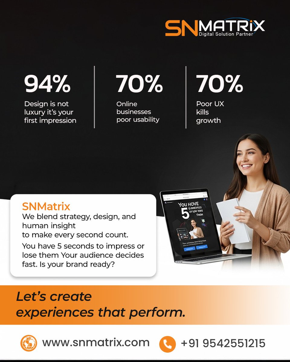 SnmatrixL's tweet photo. 94% of users judge your brand by its design.
70% of poor UX kills growth.
You’ve got 5 seconds to impress.

At SNMatrix, we create digital experiences that perform.

👉 https://t.co/GMARVawUBG

#UXDesign #DigitalSolutions #WebDesign #SNMatrix #BrandStrategy https://t.co/n6qFB1ZNaW