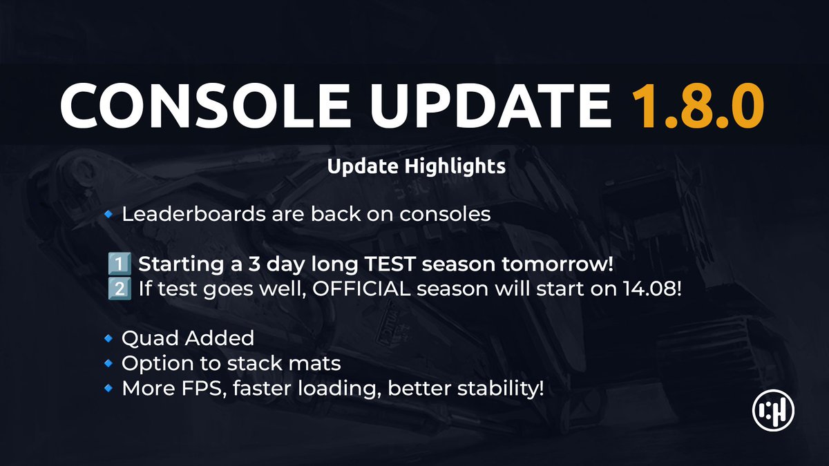 Big news for Consoles!
Update &amp; Test Season just lunached!

Test Season
 09.08 (18:00 UTC+2) → 10.08 (23:59 UTC+2)

 Found a bug? Drop it on our Discord!

 Season #40 hits:
 Start: August 14, 18:00 (UTC+2)
 End: September 14, 23:59 (UTC+2)

Let’s mine through this together!