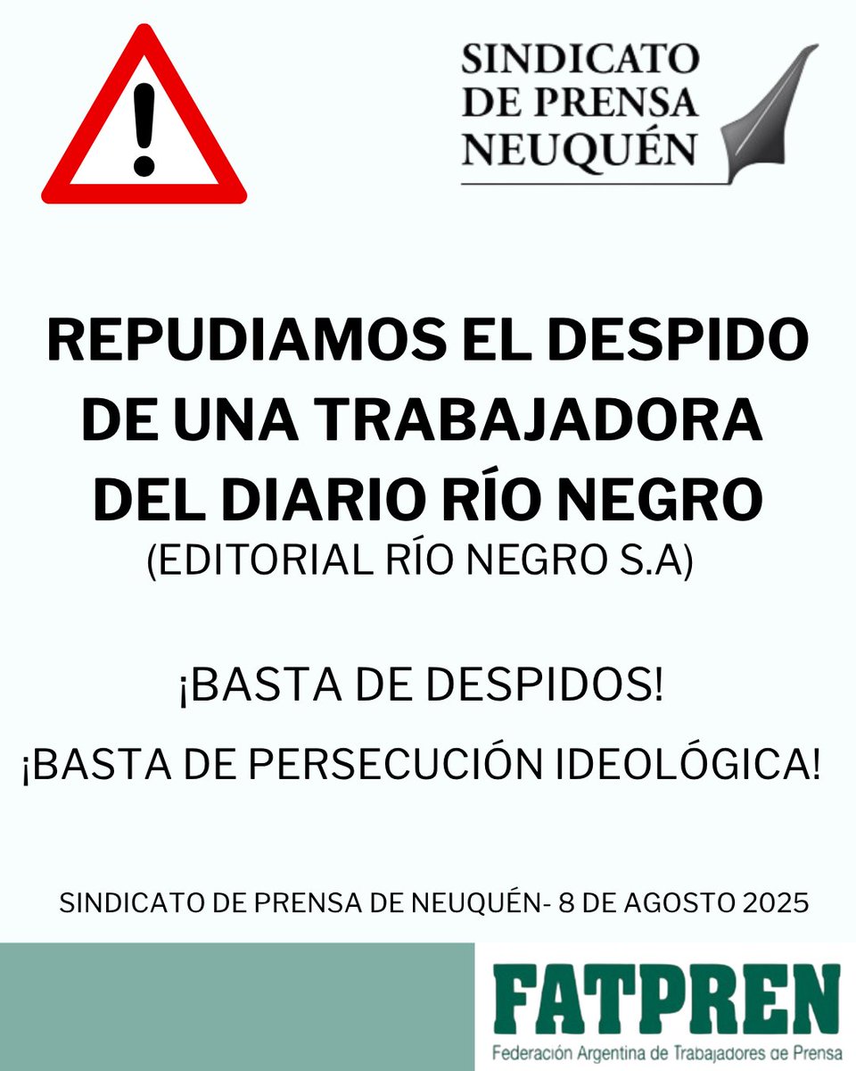 ⛔️Repudiamos el despido sin causa de  una trabajadora de prensa Diario Río Negro (Editorial Rio Negro SA), afiliada a este sindicato. 

El despido fue arbitrario, sin previo aviso y mientras la compañera cumplía la jornada laboral durante este viernes 8 de agosto.
🧵