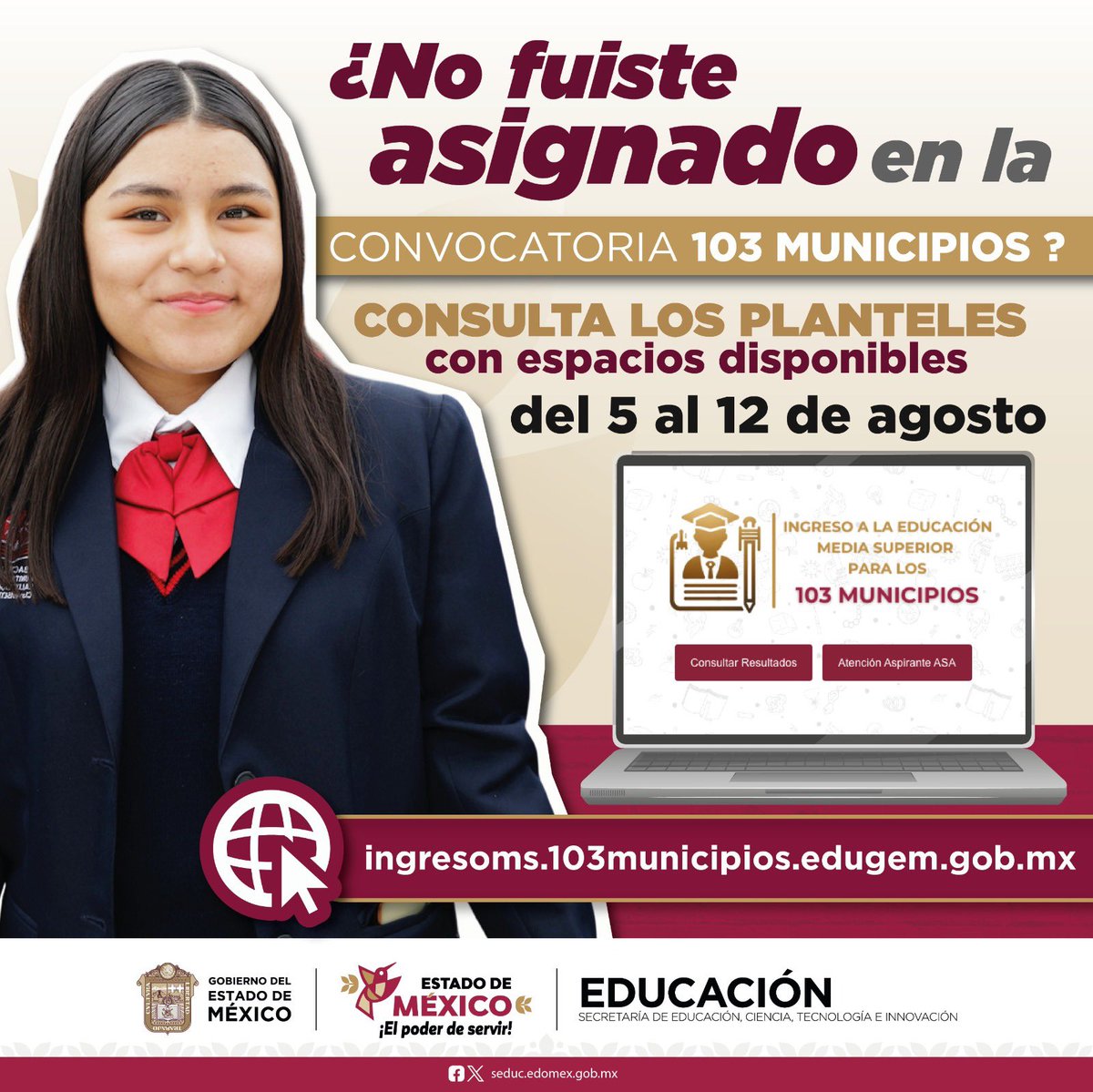 Cbt3Lerma's tweet photo. ¿Eres un Aspirante Sin Asignación ASA?
¡Tienes hasta el 12 de agosto para elegir!
📌 Consulta las escuelas con espacios disponibles
📌 Selecciona únicamente un plantel
Da click en: https://t.co/WWDlmI0nS9 https://t.co/fxumjryQoT