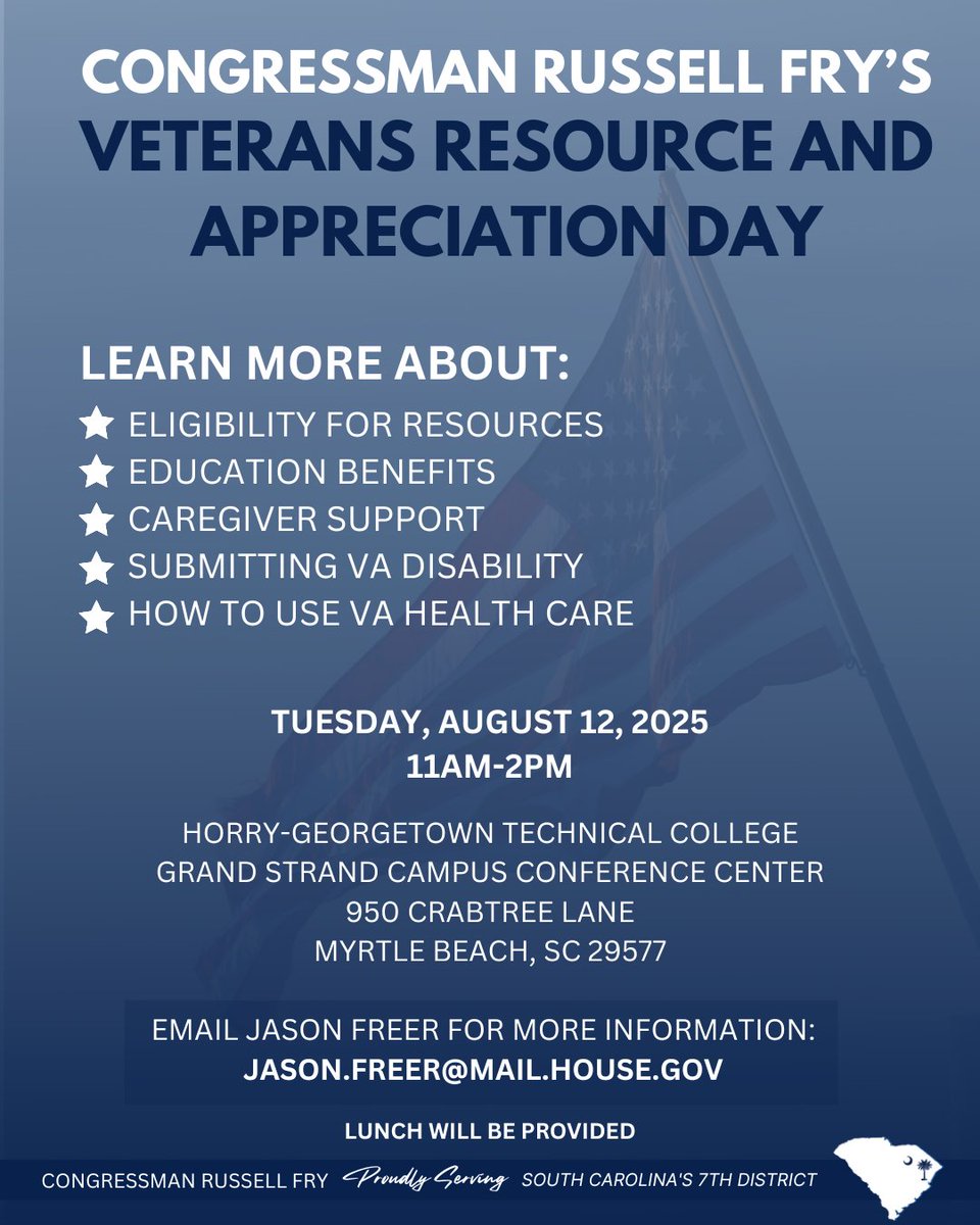 🗓 On Tuesday, August 12, I’m hosting a Veterans Resource &amp; Appreciation Day in Myrtle Beach!

Veterans across SC-07 can meet one-on-one with the VA, my team, and others to get help with benefits, health care, and more.

Hope to see you there!
