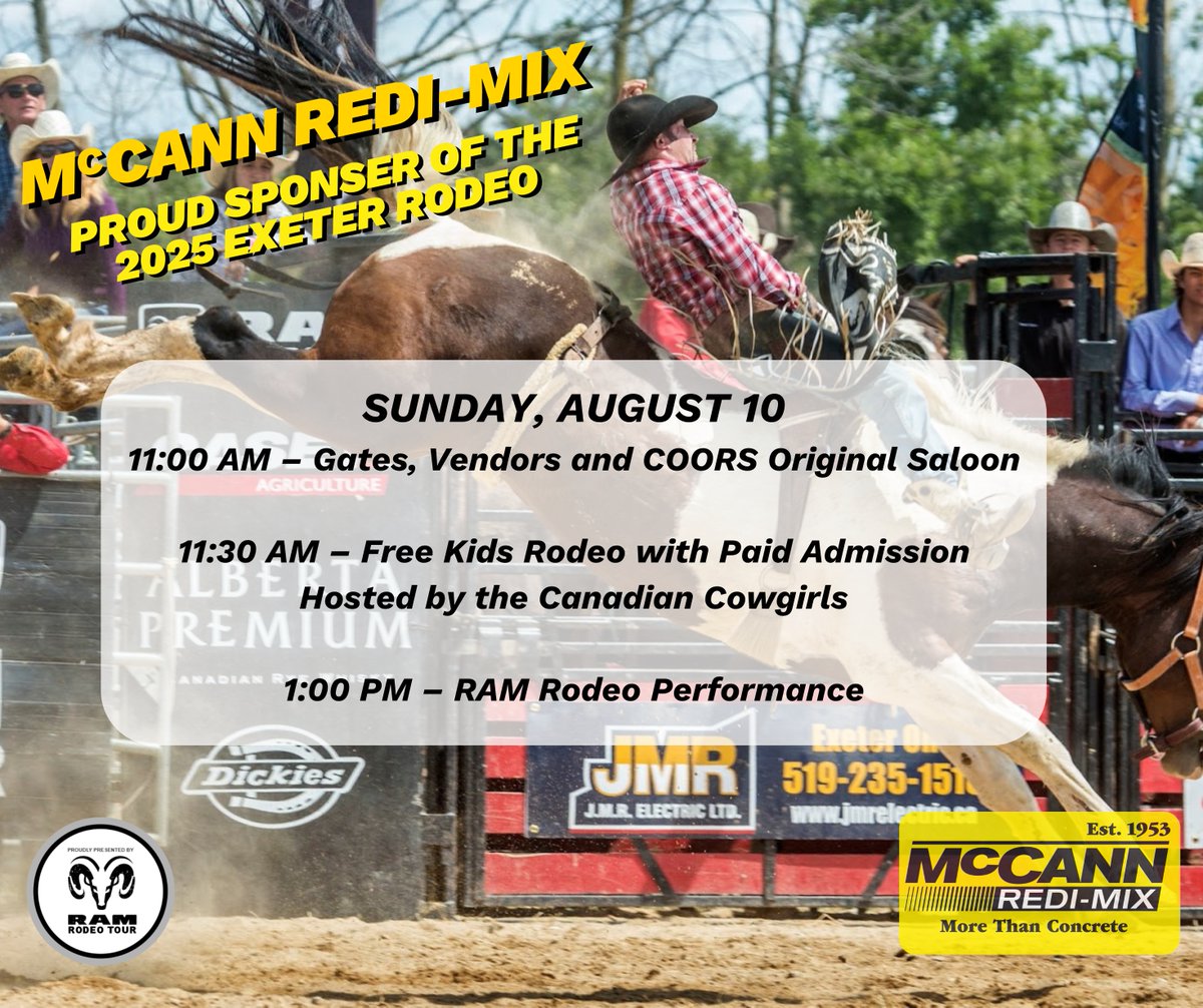 🤠🐎 Hold on to your hats Exeter, the RAM Rodeo is rolling into town! The Exeter RAM Rodeo is back with a full weekend of thrills, spills, and cowboy skills! 🐂🎯

We’re proud to have McCann Redi-Mix as a sponsor, helping bring all the action to town.

📅 Schedule’s in the post —