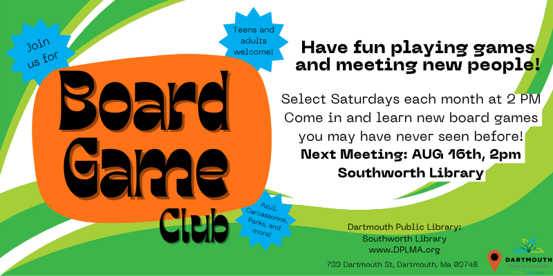 dartlibraries's tweet image. Did you know we have board game club meetings select Saturdays each month at 2pm at Southworth Library? Next meeting 8-16-25.