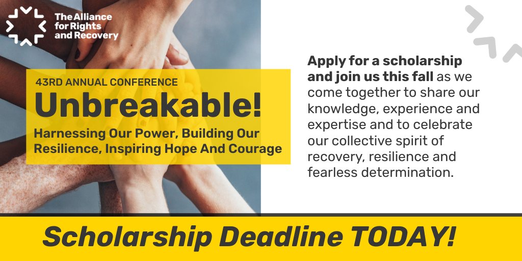 Alliance4RR's tweet photo. Today is the scholarship application deadline of our 43rd Annual Conference, "Unbreakable!" a gathering of #PeerWorkers, providers & advocates working to better #MentalHealth, #BehavioralHealth & #Recovery.
Your voice & experience matter! Apply now: https://t.co/3Yblr754Hh https://t.co/TfjMNyvlMf