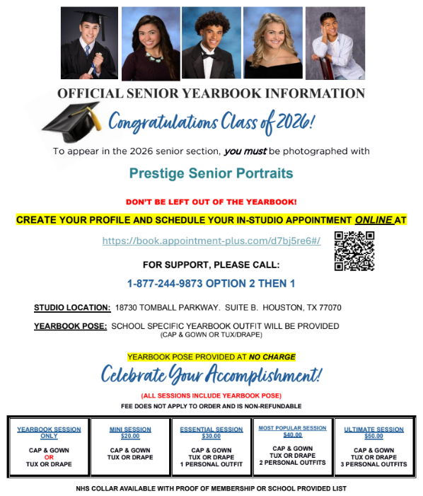 cwhs_springisd's tweet photo. SENIORS!!  Make sure you're signing up to have your Senior Portraits taken! This will ensure you're shown in the Class of 2026 section of the yearbook! Information on the flyer below: https://t.co/nspuHhasFx