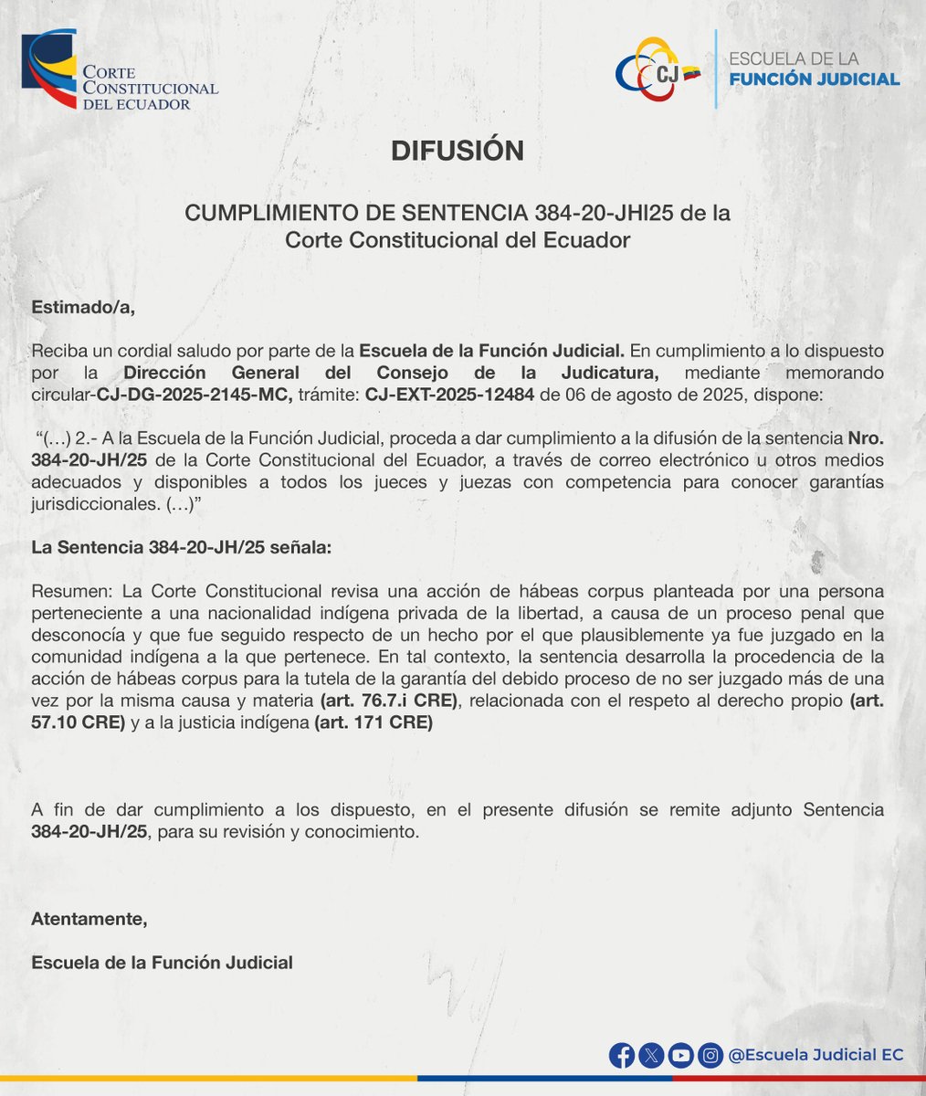 ⚖️ Sentencia 384-20-JH/25 | La Corte Constitucional ratifica el uso del hábeas corpus para proteger el derecho a no ser juzgado dos veces y el respeto a la justicia indígena.
Consulte el texto completo aquí:
drive.google.com/.../1DaCwAxb2j…