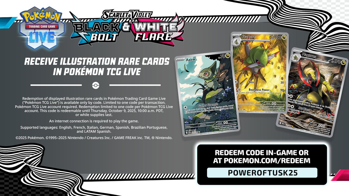 You can observe, just beware not to touch the tusks!

Code: POWEROFTUSK25

Redeem this week's passcode in Pokémon TCG Live for illustration rare cards featuring Axew, Fraxure, and Haxorus!