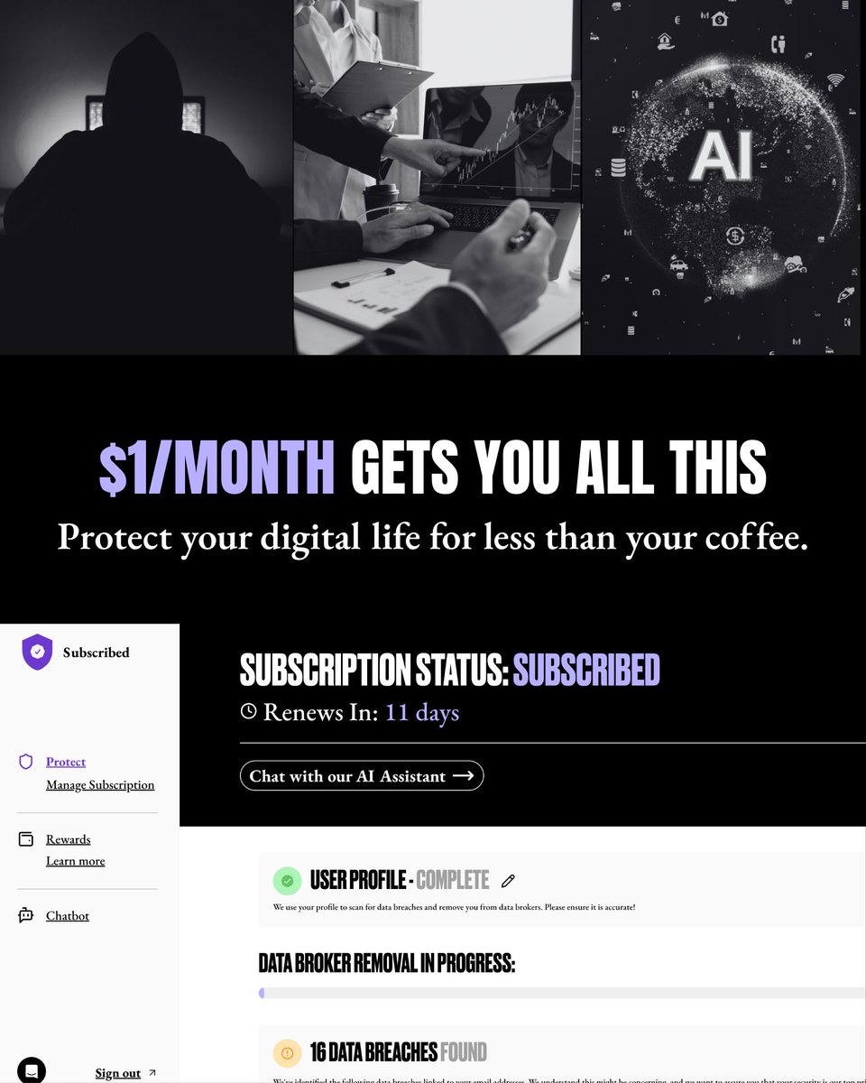 ReklaimYours's tweet image. For just $1/month, Reklaim Protect scans the dark web, removes your info from data brokers, and alerts you to breaches—before anyone else does.
Stop overpaying for privacy. 👉 Activate Reklaim Protect in the app today. buff.ly/ERQPJFn
#ReklaimProtect #DataDefense