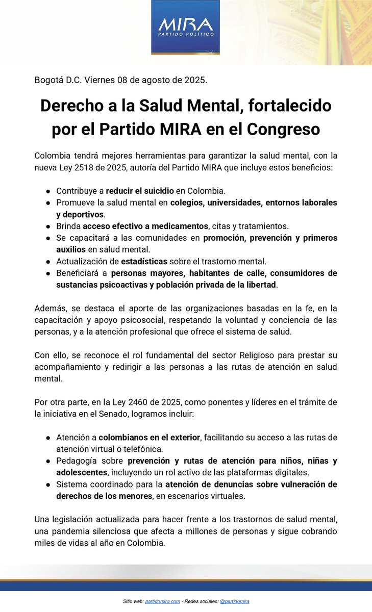 🧠💙 ¡Es ley! Fue sancionada la Ley 2518 de 2025, de autoría del Partido MIRA, que fortalece la Política Nacional de Salud Mental.

Impulsamos una atención digna, humana y oportuna para millones de colombianos.
¡La salud mental ahora es prioridad nacional! 🇨🇴