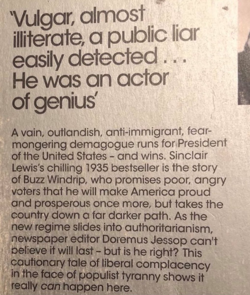 supertanskiii's tweet photo. The back cover of Sinclair Lewis's 1935 novel, It Can't Happen Here.

Well, it did happen there and now it’s happening here too. https://t.co/4QW75Wamxa