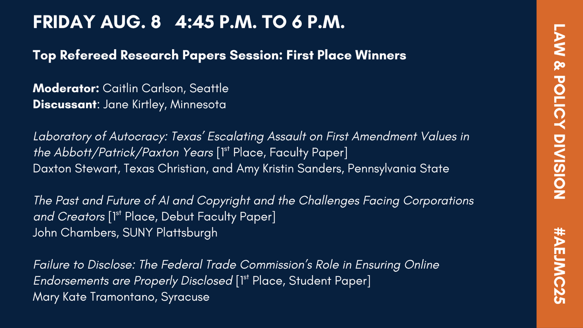 AEJMC_LAWP's tweet photo. These papers wowed the reviewers—now come see why. Come check out our first-place winners today at 4:45 in Pacific C (on the fourth floor). 
#TopPaper #AcademicLife #aejmc25 #AcademicAllStars #ConferenceGoals https://t.co/V8mwbsudOp