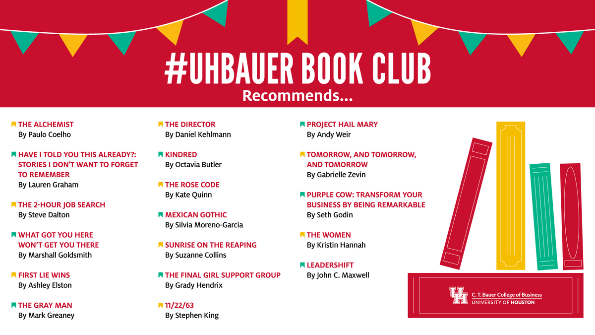 #UHBauer book club? 📚 Sign us up! If you need to add to your #TBR and want a few recs, we have you covered.

To celebrate #BookLoversDay, we asked #UHBauer faculty and staff to give us their recommended reads. Check out the list &amp; drop your favorite reads below!