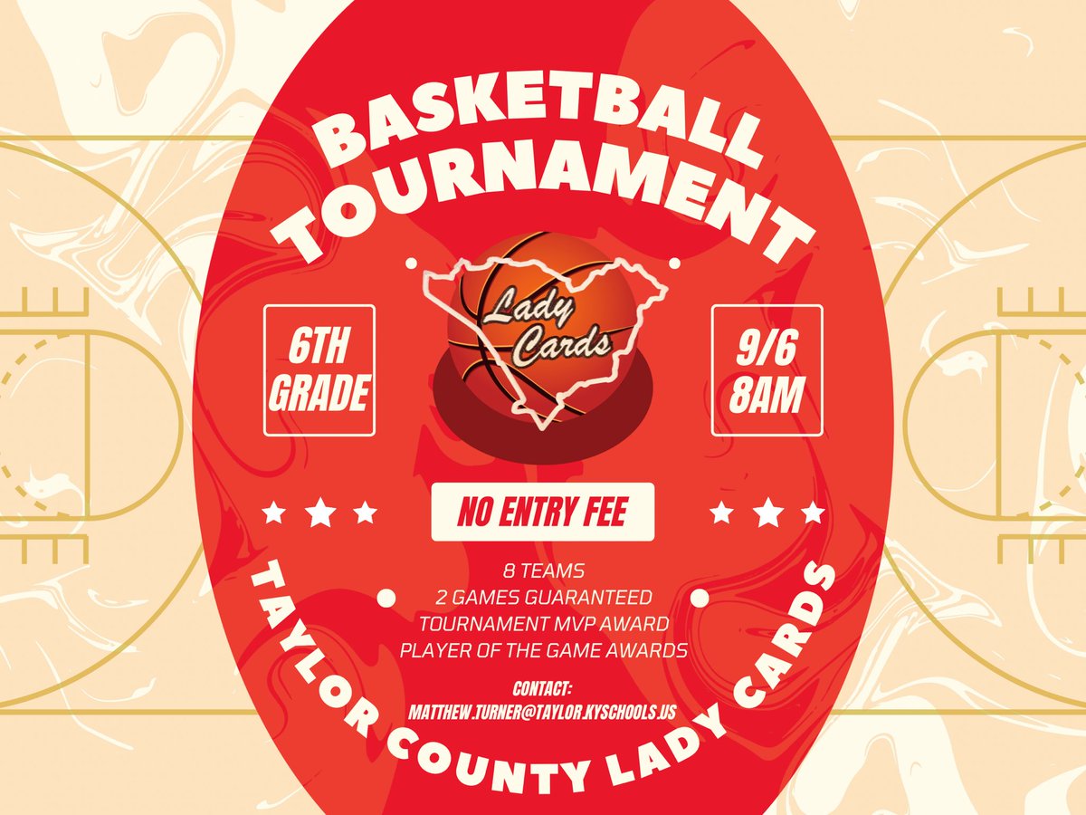 Matthew Turner (@maturner502) on Twitter photo ‼️6th Grade Basketball Tournament‼️
SEPTEMBER 6TH
1st Game tips at 8:00 AM
8 Teams
NO ENTRY FEE
Contact me via text or email (information is on flyer below) if you want to bring your team.
<a href="/riseupsports1/">Rise Up Sports Media</a> <a href="/alyxwhite_/">Alyx White</a> <a href="/PGHKentucky/">Prep Girls Hoops Kentucky</a> <a href="/PGHAkeem/">Akeem Webb</a> <a href="/TCHSLadyCards/">Taylor County Girls Basketball</a> <a href="/faucet11/">Farrah S. McLean</a> ‼️6th Grade Basketball Tournament‼️
SEPTEMBER 6TH
1st Game tips at 8:00 AM
8 Teams
NO ENTRY FEE
Contact me via text or email (information is on flyer below) if you want to bring your team.
<a href="/riseupsports1/">Rise Up Sports Media</a> <a href="/alyxwhite_/">Alyx White</a> <a href="/PGHKentucky/">Prep Girls Hoops Kentucky</a> <a href="/PGHAkeem/">Akeem Webb</a> <a href="/TCHSLadyCards/">Taylor County Girls Basketball</a> <a href="/faucet11/">Farrah S. McLean</a>
