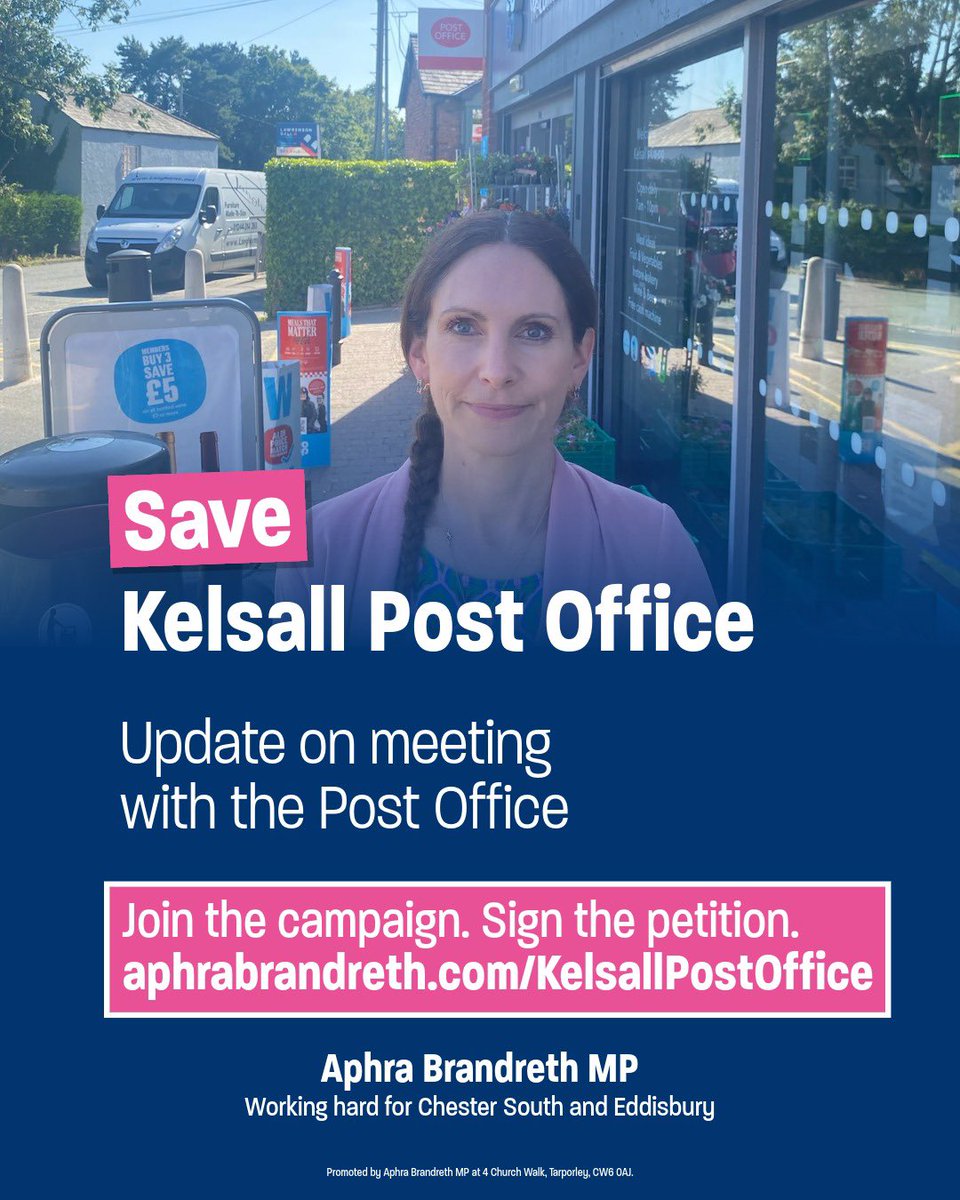 📮 Kelsall Post Office Update 📮

I’ve met with the Post Office about the closure on 4 Sept. They’re still seeking a new operator, but no suitable premises have been found. From 5 Sept, the Co-op will offer Drop &amp; Collect services. I’m pushing for more. 

aphrabrandreth.com/news/aphra-bra…