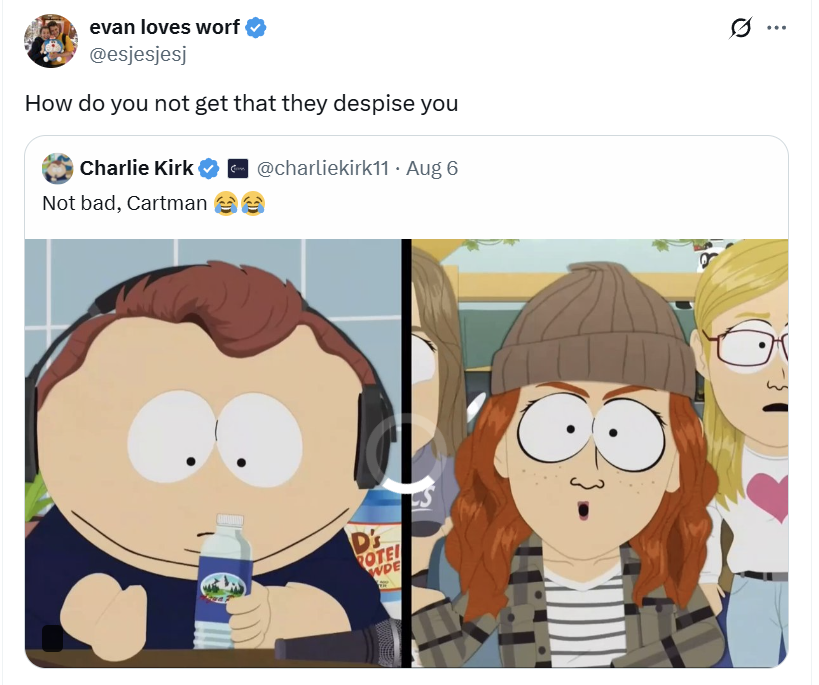 Anc_Aesthetics's tweet photo. > South Park goes over the top to try to mock the right and provoke a response
> Doesn't work
> The right is like cool, was kind of funny
> Left freaks out that the right isn't freaking out
> South Park is forced to shift gears or continue with a played out joke
 
Total right wing narrative and cultural domination
