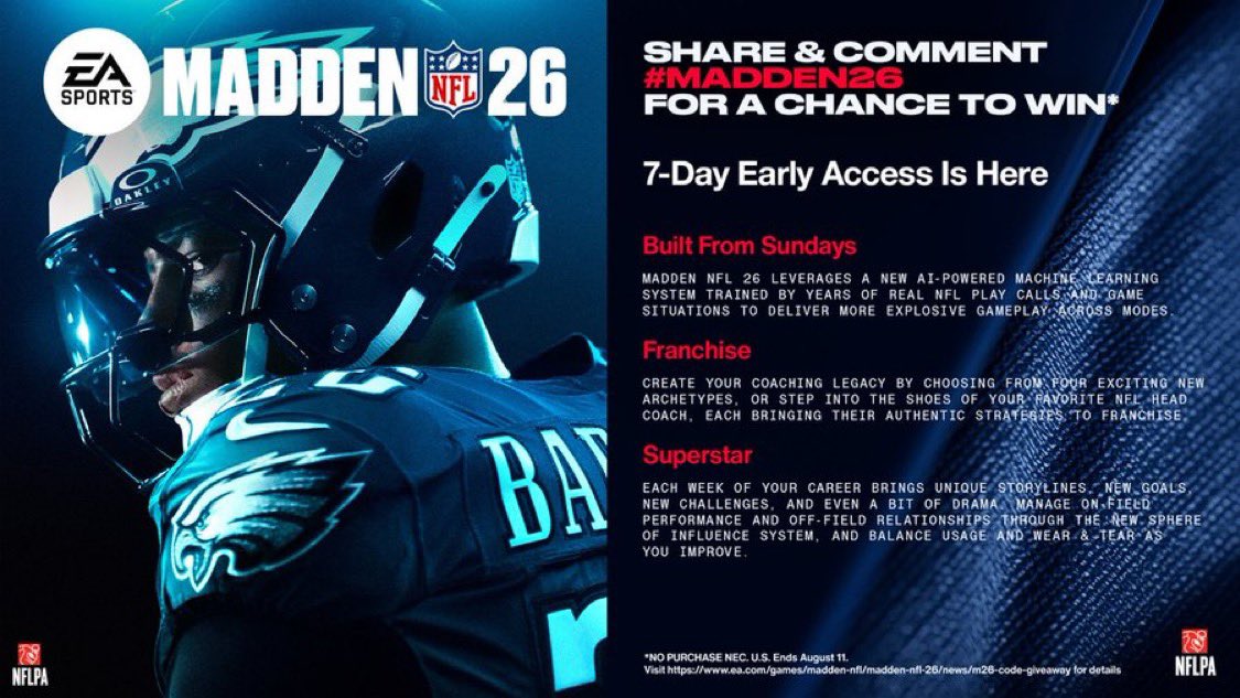 Giving away 4 FREE copies of Madden 26 All Madden edition to four people who like this tweet (any console). Must be following