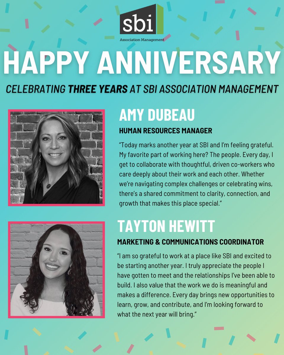 🎉 Happy 3-Year Anniversary to two amazing team members at SBI! 🎉

Amy DuBeau, our dedicated Human Resources Manager, and Tayton Hewitt, our passionate Marketing &amp; Communications Coordinator, both bring heart, commitment, and talent to everything they do. Here's to many more!🌟