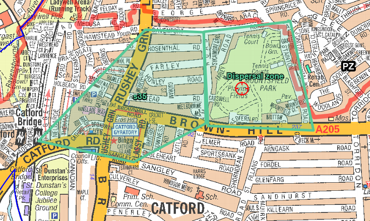 A Section 35 Dispersal Order has been authorised in the below area due to reports of large amounts of young people fighting and potential weapons. This was authorised by Insp BANFIELD on 08/08/25 at 18:30 and will expire at 09/08/25 at 01:00. CAD 6486/08AUG25 refers.