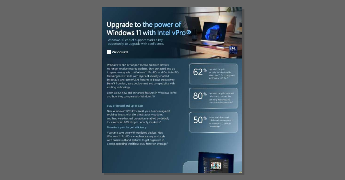 Ready for next-gen security and efficiency with Windows11 Pro PCs featuring Intel vPro? Upgrade confidently and witness a 62% drop in security incidents and 50% faster workflows. See MSFT's comparison guide and contact Cordicate IT today! stuf.in/bgvled