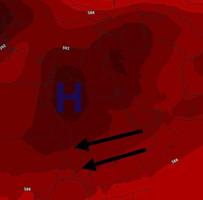 من أهم عوامل الأمطار الصيفية بإذن الله تحرك مركز المرتفع العلوي إلى الشمال ونشاط التيارات الشرقية العلوية أسفل المرتفع الجوي
ويتزامن معها الموجات الحارة والسحب الكاتمة
وحدوثها بشكل متكرر او متأخر نهاية الصيف ( قد ) تكون مؤشر سلبي لفترة الوسم وعلامة ابتعاد التيار النفاث والله اعلم