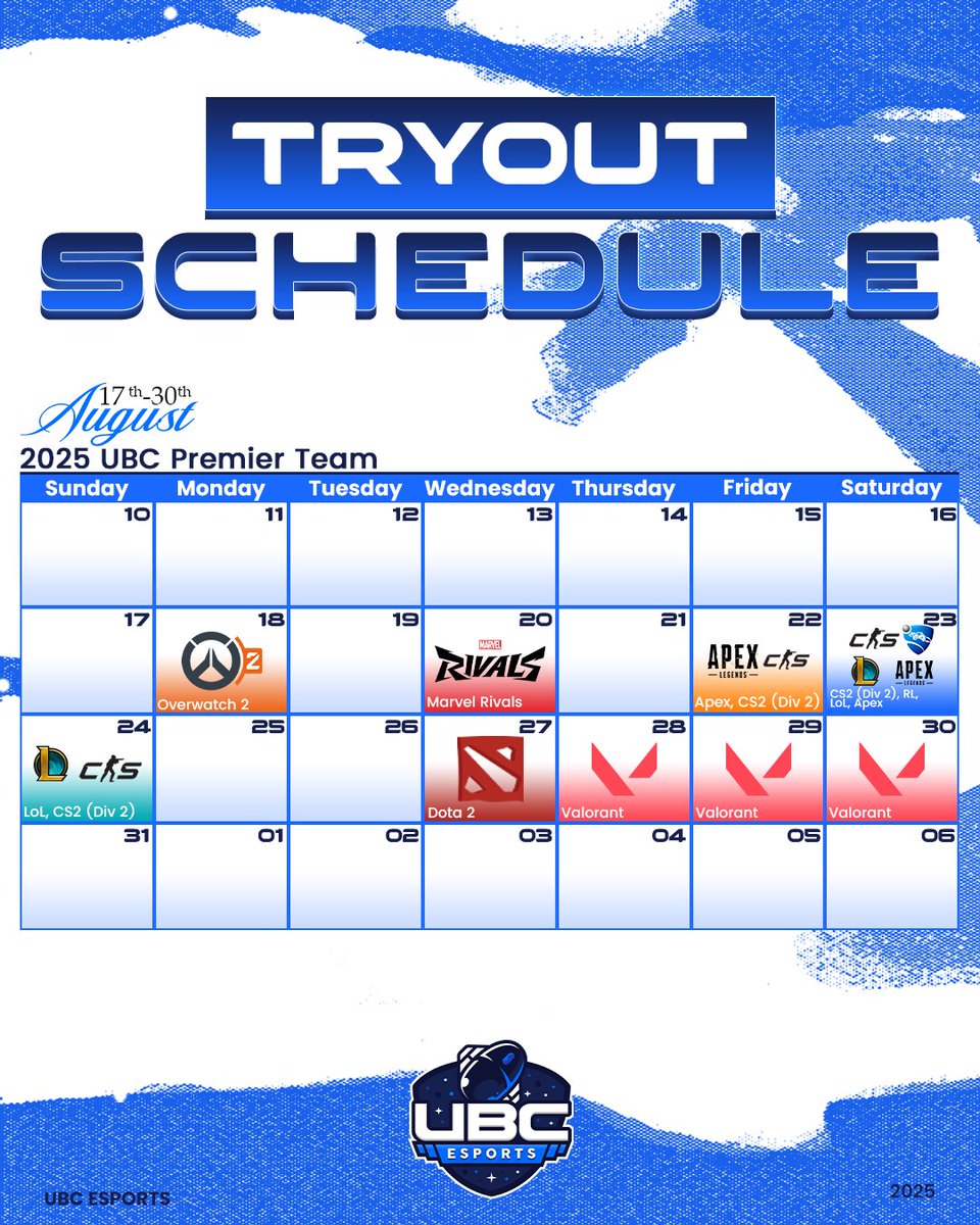 🔥UBC Esports tryouts are ON! 

From August 17–30, we're scouting for players in:
🕹️Overwatch 2, Apex Legends, CS2, Dota 2, League of Legends, Marvel Rivals, Rocket League &amp; Valorant! 

⭐️📷 All skill levels welcome — don’t let your rank hold you back. Details and sign up below