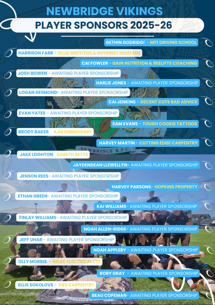 We're running a Player Sponsorship for each of our <a href="/Vikings16s/">Newbridge Vikings</a> players. In return, as well as Social Media exposure, we'll be putting Names and/or Logos on Training Kit. If any local businesses or followers would like to Sponsor, please get in touch!! #Vikings #PlayerSponsorship